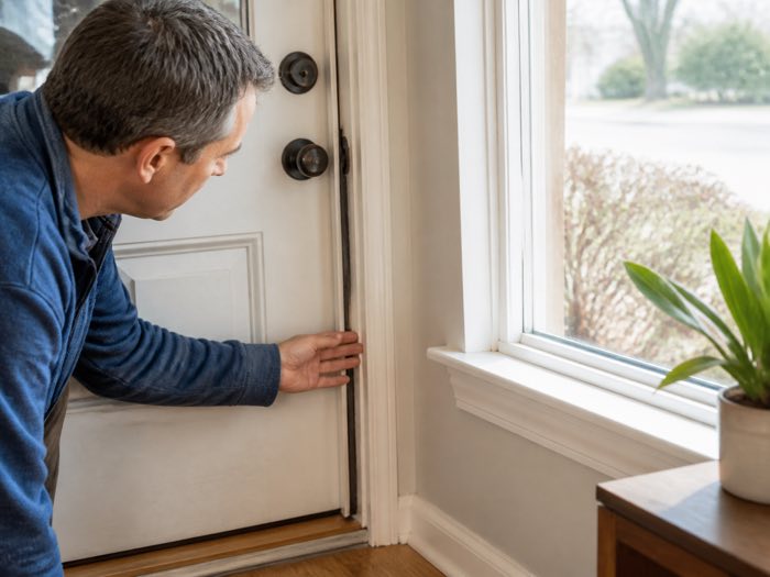 Homeowner checking for a draft around a door and window